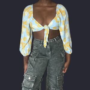 Yellow and blue floral tie up crop top